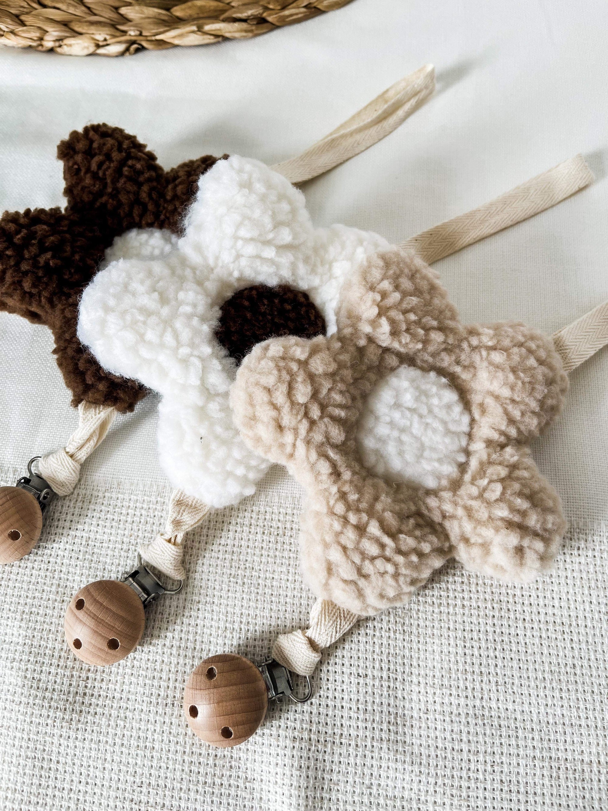 Flower plush pacifier clip